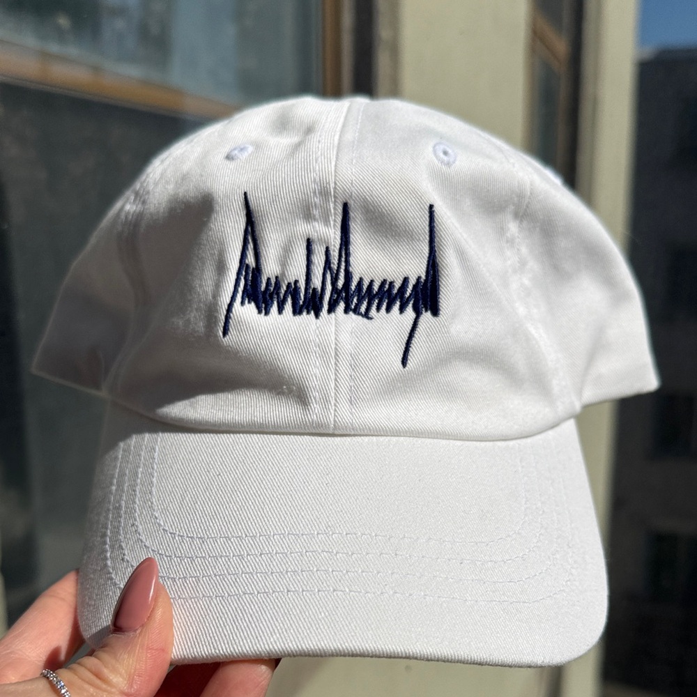 Donald Trump The Classic White Baseball Cap with Navy Script Embroidery